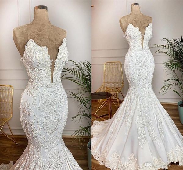 

vintage lace mermaid wedding dresses arabic open back long formal bridal gown sweep train vestidos de novia plus size robe de mariee, White