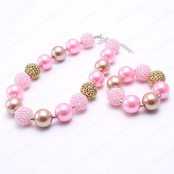 

2sets pink+gold color baby kid chunky necklace style children bubblegum bead chunky necklace&bracelet jewelry set, Red;brown