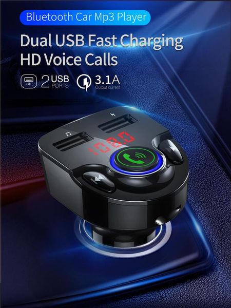 

car fm transmitter mp3 player bluetooth 5.0 aux modulator handscar kit audio 3.1a quick charge dual usb charger