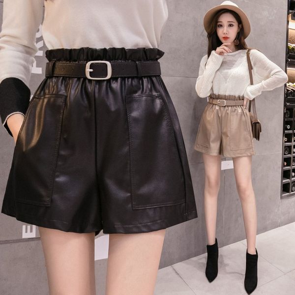 

spring wide-legged pu leather shorts winter women fashion pu ruffled high waist shorts girls a-line black, White;black