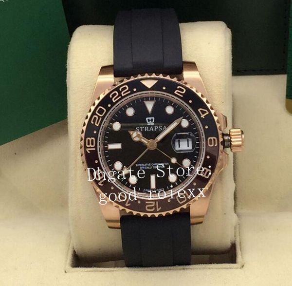 

baselworld luxury rose gold watch mens black brown bezel automatic 2813 men gmt ii 126715chnr oysterflex rubber master batman 126715 watches, Slivery;brown