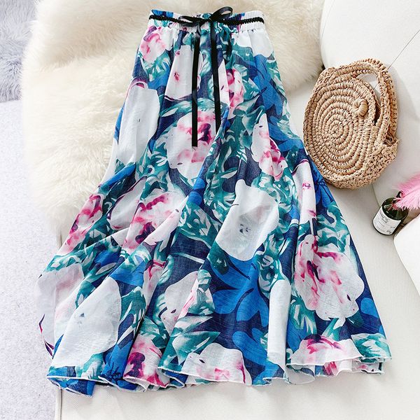 

vintage flower print skirts 2019 new summer women clothing ink printing casual loose big swing a line midi skirts saias faldas, Black