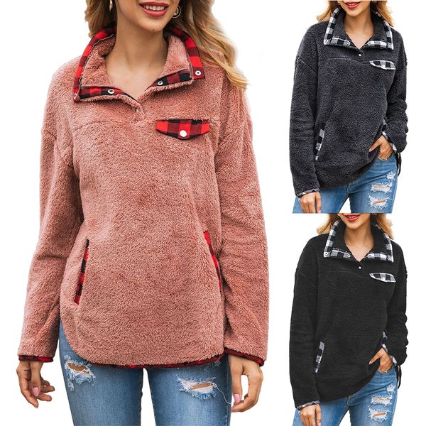 

wipalo autumn winter women hoodies turn down collar long sleeve solid plaid patchwork pocket hoodies casual warm plush pullover, Black