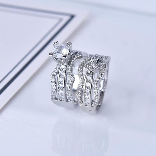 

female crystal white round ring set promise silver engagement ring vintage bridal wedding rings for women, Slivery;golden