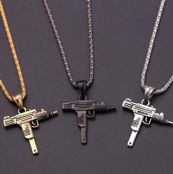 

курица ужин пистолет хип-хоп мужской ожерелье золото и серебро черный узи уз заряд пулемет пистолет кулон ожерелье, Silver