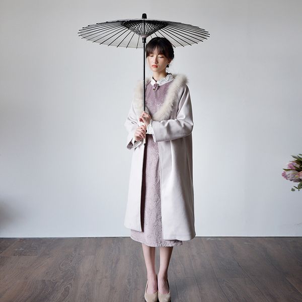 

women's wool & blends johnature woolen coat loose vintage concise v-neck fur collar single button women clothes 2021 winter ladies long, Black