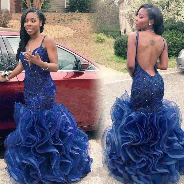 

2020 south african royal blue mermaid prom evening dresses long deep v neck ruffles skirt with straps lace plus size formal gowns, Black