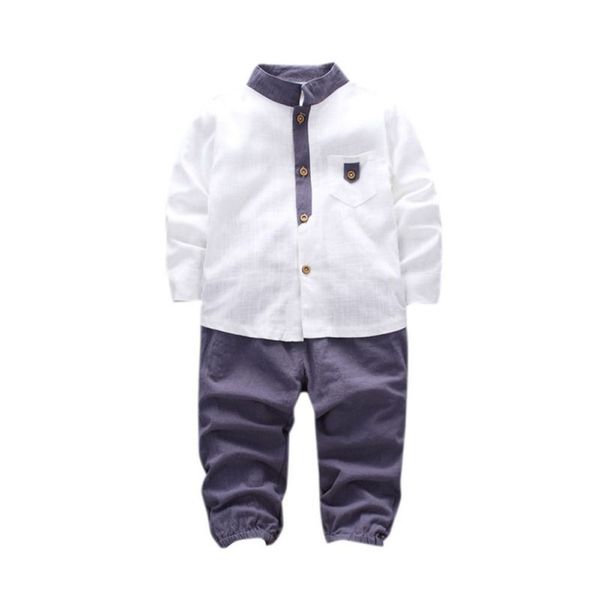 

new autumn baby boys clothing sets children's linen clothing +solid pants 2 pcs suit kids clothes, White