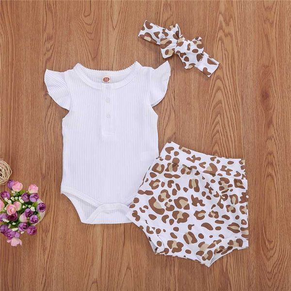 

clothing sets 2021 summer infant toddler baby girls outfit cotton short sleeve bodysuit+leopard print shorts headband 3pcs, White