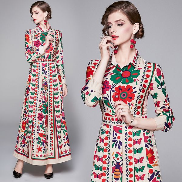 

quality luxury floral printed designer dress women long sleeve lapel neck party prom ladies runway dress elegant office button shirt dresses, Black;gray