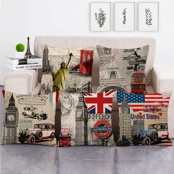

45cm*45cm british architecture in retro style linen/cotton throw pillow covers couch cushion cover home decor pillow
