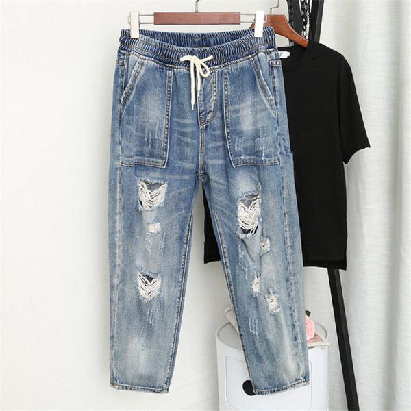 

vintage hole ripped jeans for women casual harem pants high waist denim jeans loose plus size xl-5xl denim washed mom q435, Blue