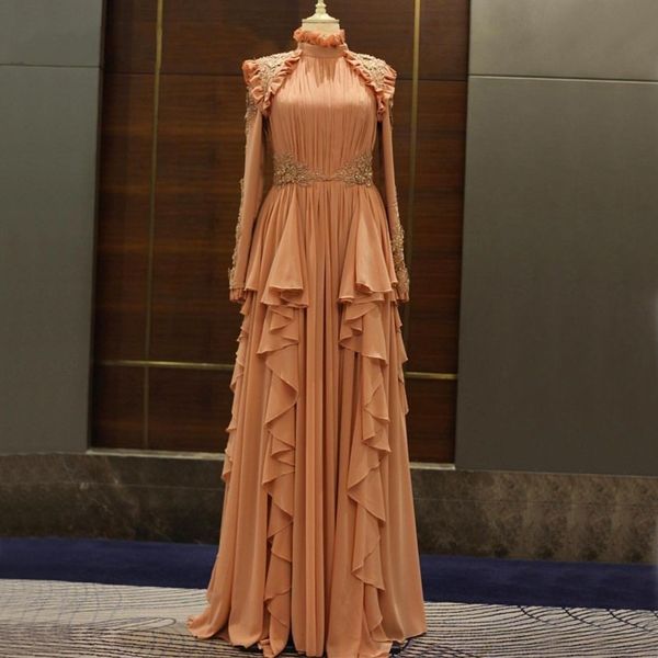 

2020 elegant woman plus size long sleeves muslim arabic evening gowns prom chiffon dresses high neck formal party dress, Black