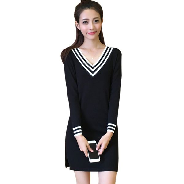 

women striped v-neck long sleeve dress fashion loose slim dress casual mid-length wild plus velvet thicken dresses, Black;gray