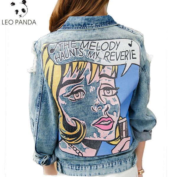 

2019 spring autumn vintage funny print jean jacket women ripped hole long sleeve bomber jackets casual short denim jacket, Black;brown
