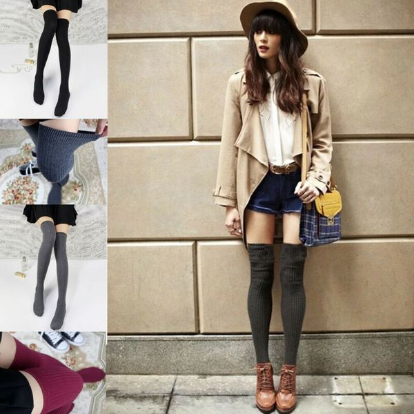 

women girl over knee high socks spring autumn warm knit soft thigh long pantyhose stockings women solid color loose stockings, Black;white