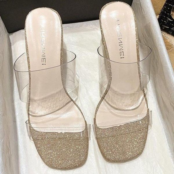 

slippers women sandals transparent heel gladiator slides slip on clear thick heels shoes woman sandalias 2021, Black