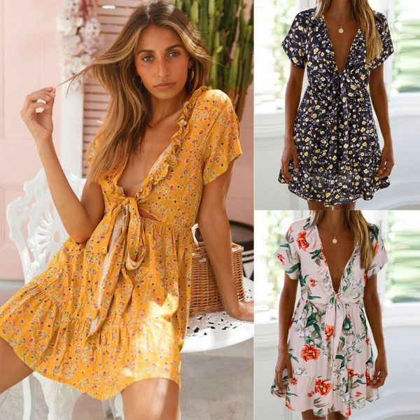 

summer women boho short mini dress party evening beach dresses sundress short sleeve floral v neck dress, Black;gray