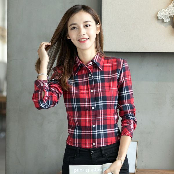 

2020 autumn new fashion casual lapel plus size blouses women plaid shirt checks flannel shirts female long sleeve blouse, White
