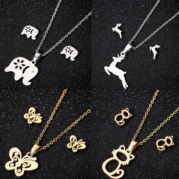 

women stainless steel jewelry set necklaces earrings animal cat deer pendants jewelry sets for christmas earrings necklace set, Silver