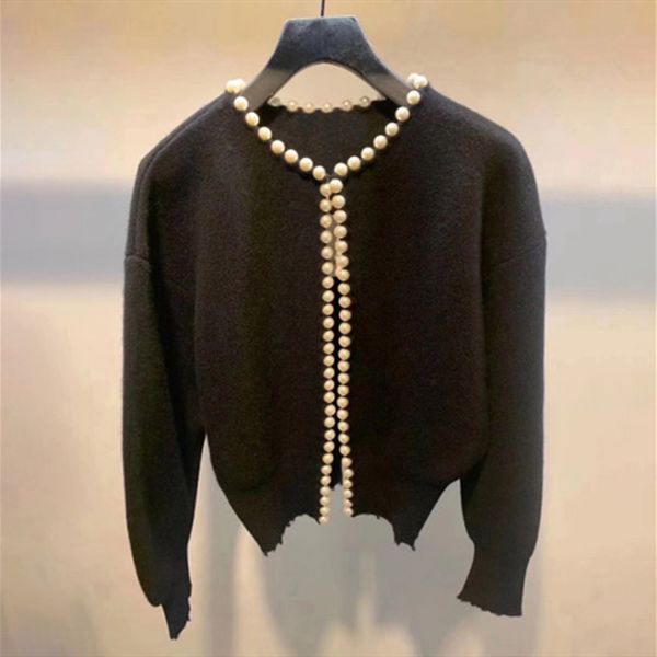 

new fashion women beading v neck knitted sweater female jacket long sleeves knitted cardigan ladies knitwear, White