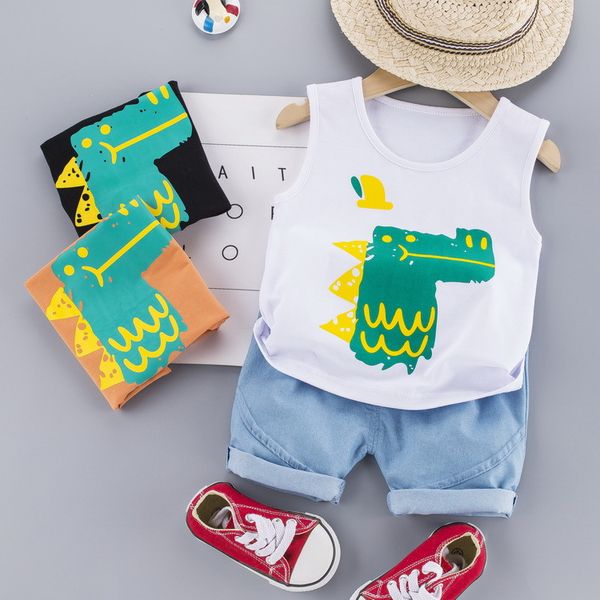 

baby clothing 2020 summer baby boy outfit girl summer clothes cotton cartoon dinasour print sleeveless vest+denim shorts suit, White