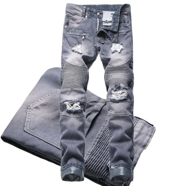 

2020 arrivals fashion men's long straight leg slim fit casual hole strech denim pants jeans tattered motorcycle jeans, Blue