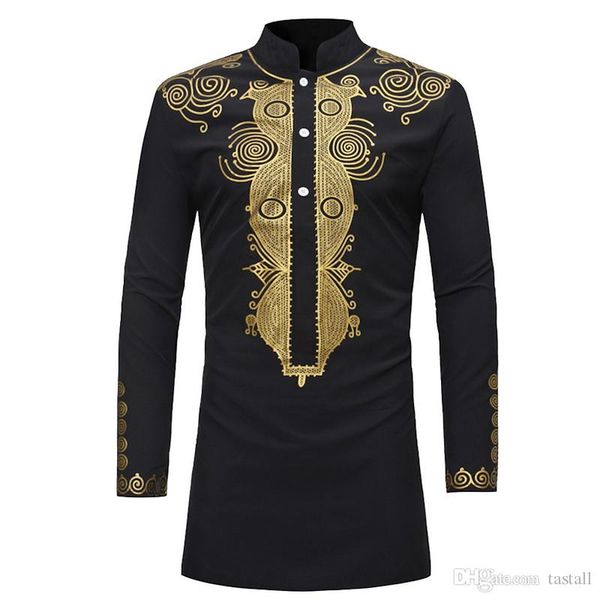

men african shirt black golden printed long sleeves button shirt stand up collar tribal folk tunic for men plus size, White;black