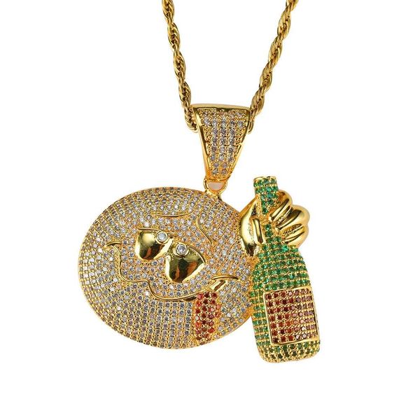 

hip hop emoji diamonds pendant necklaces for men western drunk wine bottle luxury necklace real gold plated copper zircons jewelry, Silver