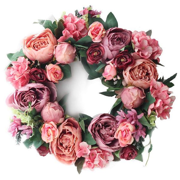 

16 inch peony wreath artificial flower door wreath with green leaves spring for front door decor, wedding, wall, home dec