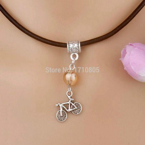 

горячая 10 шт. сплав древнего серебра велосипед многоцветный стеклянный бусины шарм подвеска кожа веревка ожерелье женщины мужчины ювелирные, Silver