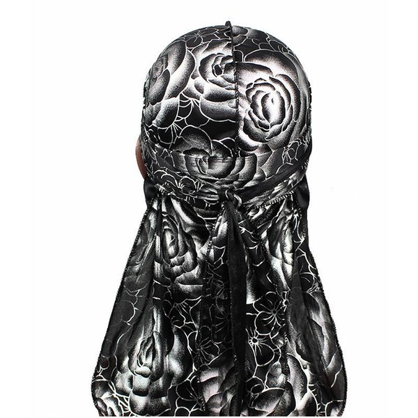 

2019 men's silky durags turban hat bandanas rose floral print men satin durag long straps waves cap hair accessories do durag, Silver