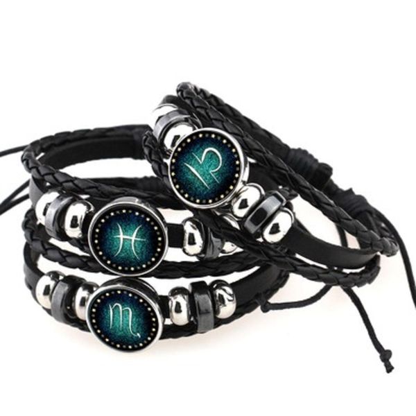

12 constellation multilayer leather bracelets vintage punk weave beads bangles zodiac signs for men women jewelry gifts dhl wholesale, Golden;silver