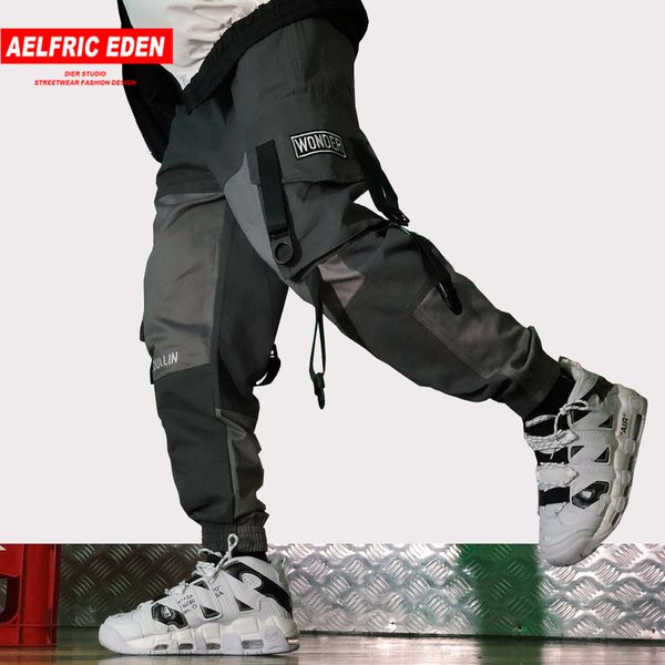 

aelfric eden new ribbon multi pockets stitch patch sweat pants hip hop buckle streetwear drawstring casual mens pants joggers, Black