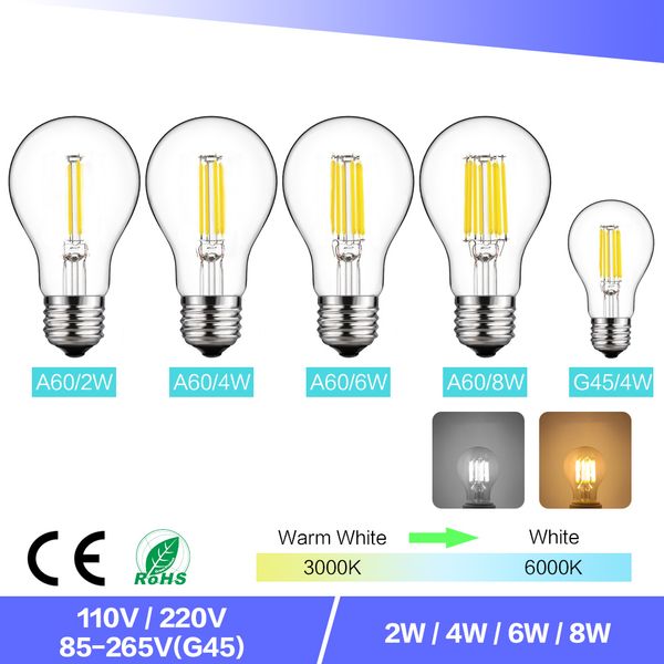

диммируемый a60 vintage led нить лампочка e27 cob лампы 2/4/6/8 filaments 220v / 110v теплый белый / белый для люстры хрустальные светильник