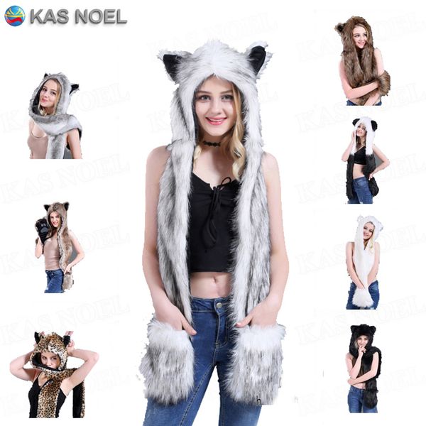 

winter white wolf anime paws ears faux animal hood hoods mittens gloves scarf zipper with fleece lined plush cosplay husky cap, Blue;gray