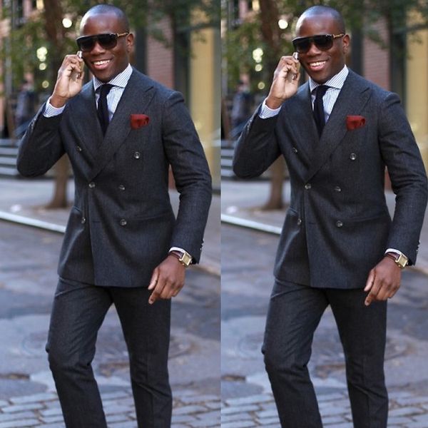 Homens negros Bonitos Do Casamento Do Noivo Smoking Duplo Breasted Ternos Dos Homens Ternos de Pico de Lapela Designer de Festa de Prom Jaquetas Blazer