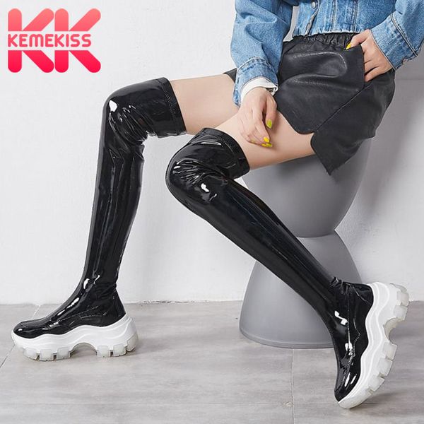 

kemekiss thigh high boots genuine leather winter new shoes women warm fur thick bottom casual boots size 34-39, Black