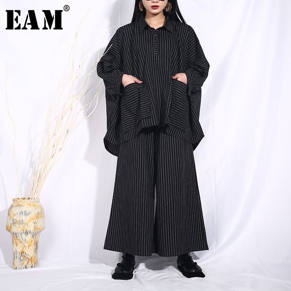 

eam] 2019 new autumn winter lapel long sleeve black striped big size loose wide leg pants two piece suit women fashion sa95, White