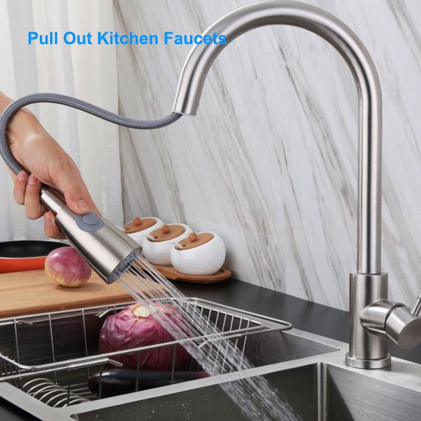 

pull out kitchen faucets with sprayer bathroom basin sink faucets 2 spraying modes 360Â° rotating stainless steel water tap