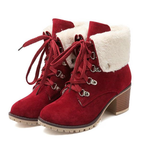 

размер 34-43 дамы толстые меховые ботильоны женские высокие каблуки короткие сапоги с меховой обуви женская зимняя теплая обувь botas, Black