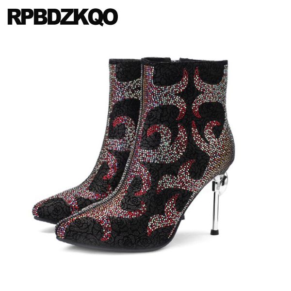 

wedding big size high heel stiletto sheepskin bling pointed toe plus metal boots rhinestone sparkly diamond shoes crystal ankle, Black