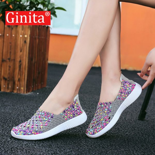 

ginita 2019 summer flat platform shoes women hollow woven sneakers shoes breathable colorful design student slip on flats, Black