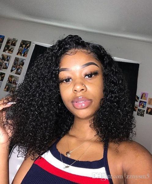 

предварительно щипковых завитые парик фронта шнурка 13x6 бразильский remy девственницы 100% человеческих волос парики, Black