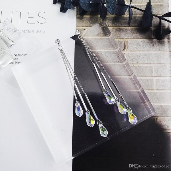 

elegant water drop crystal dangle earrings for women classic long tassels earring romantic bowknot rhinestone wedding jewelry, Silver