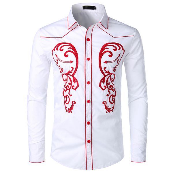

2019men's shirts fashionable embroidered shirt american western style long sleeve dress shirt for men, White;black