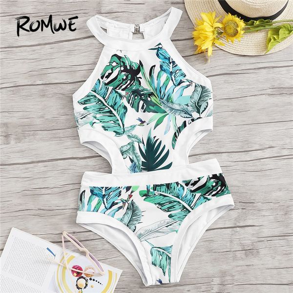 

romwe sport jungle leaf monokinis bathing suits cut-out side one piece beachwear swimsuit women summer halter swimwear, White;black