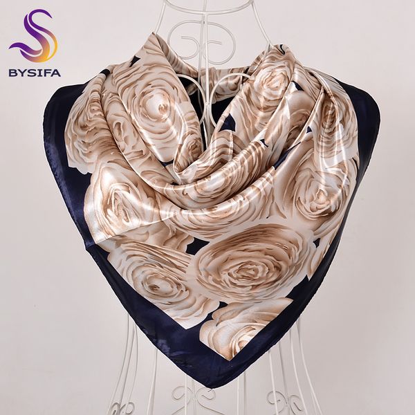 

bysifa] beige khaki silk scarf shawl women fashion chinese roses design winter large square satin scarves spring autumn scarf t200609, Blue;gray