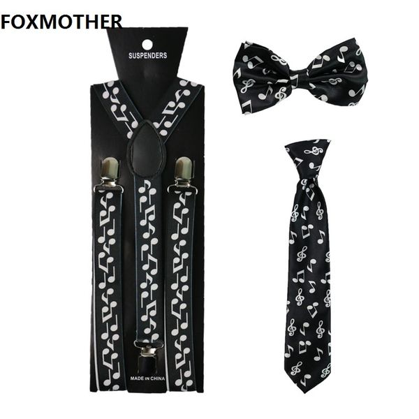 

suspenders foxmother music note women men bowtie and necktie set, Black;white