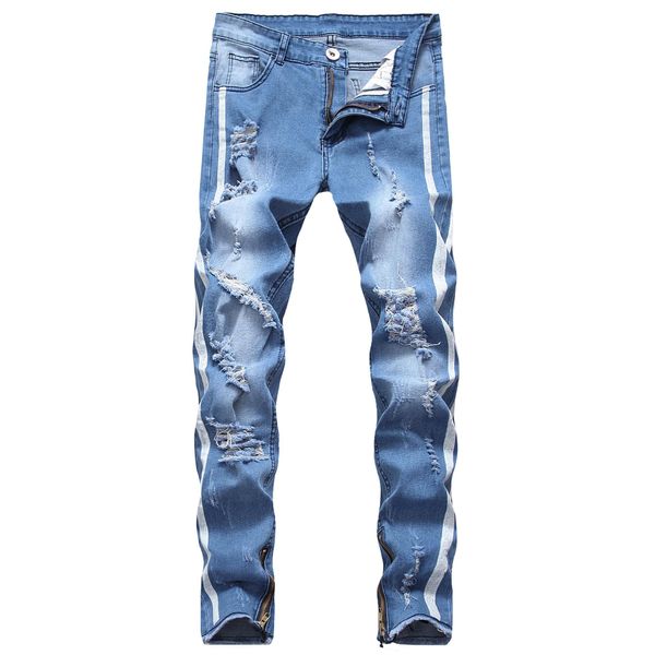 

fairy2019 for cross new pattern foreign man jeans european high street holes bound feet side ious men's cowboy trousers, Blue